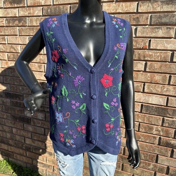 Studio Collections Sweater Vest Womens Size Medium Floral Embroidered‎ Knit Blue - Picture 5 of 12